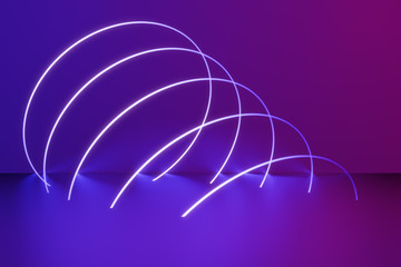 Glowing arc frames, neon lights abstract background, ultraviolet laser show. 3D Rendering.