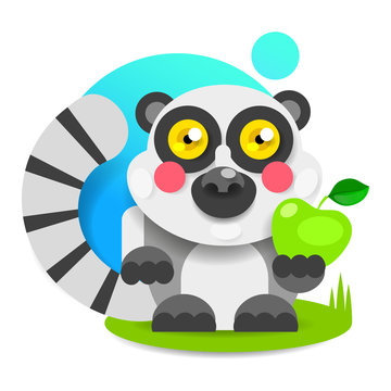 Cheerful Lemur With Pink Cheeks Sits On The Grass And Smiles. Vector