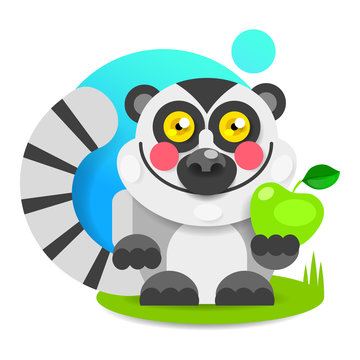 Cheerful Lemur With Pink Cheeks Sits On The Grass And Smiles. Vector