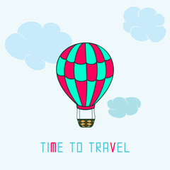 Fototapeta premium Minimalistic poster with hot air balloon in the sky with clouds.