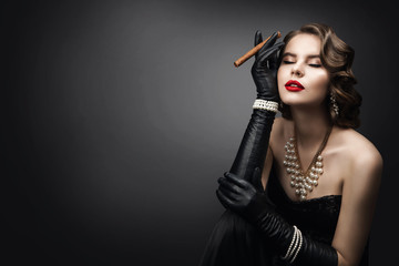Retro Woman Smoking Cigar, Fashion Model Beauty Portrait, Old Fashioned Girl Dreaming over Gray Background