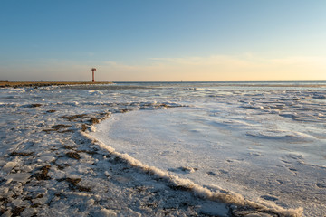 Winter landscape on the Baltic Sea. Cold winter evening in Jastarnia. Poland.