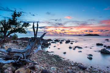 Fototapeta premium Rocks rock along the beach sand in the twilight.