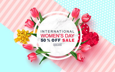 Fototapeta premium 8 March Happy Women's Day sale banner. Beautiful Background with tulips and gift boxes. Vector illustration for postcards,posters, coupons, promotional material.