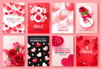 8 March international women's day Set of cards. Background for website , posters,ads, coupons, promotional material. Vector illustration © Liliya