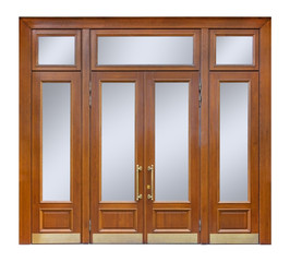 Wide wooden entry with clear glass windows and double door with long gilded handles, isolated on white background (design element)
