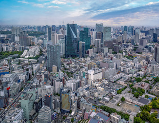 Naklejka premium aerial view of financial district in Tokyo
