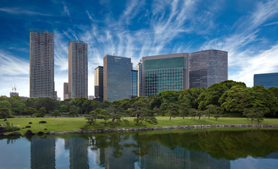 skyscrapers reflecting in pond water, Hamarikyu park, Tokyo
