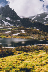 Purple lake in the mountains.