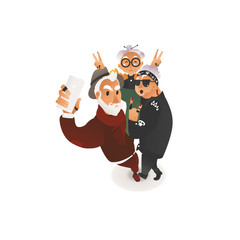 Vector flat elderly people making selfie by phone