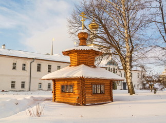 Log water chapel in Vvedensky Monastery in Yaroslavl