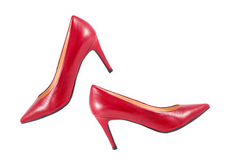 Elegant women's shoes made of red leather on a white background