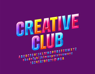 Vector colorful Sign Creative Club with Glossy Font. Bright Alphabet Letters, Numbers and Symbols.