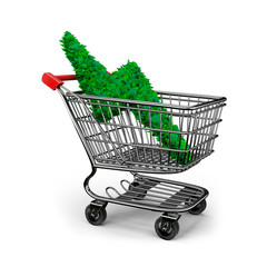 Concept of green energy supply and solution, leaves in lightning bolt shape in shopping cart, isolated on white background, 3D illustration.