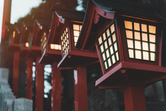 Close up of row of Japanese traditional wooden lantern, In japan called toro.