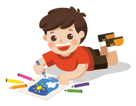 Back to school, Happy Boy draw pictures pencils and paints on floor.Isolated vector.