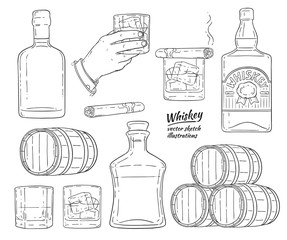 Vector whiskey alcohol symbols sketch icon set - obrazy, fototapety, plakaty