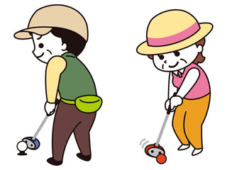 パークゴルフをする中年男女