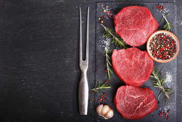 fresh meat with ingredients for cooking, top view