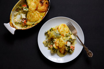 Fish pie with sliced potato topping