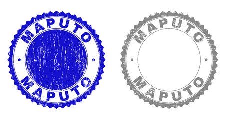 Grunge MAPUTO stamp seals isolated on a white background. Rosette seals with grunge texture in blue and grey colors. Vector rubber stamp imitation of MAPUTO title inside round rosette.