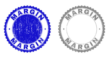 Grunge MARGIN stamp seals isolated on a white background. Rosette seals with grunge texture in blue and grey colors. Vector rubber stamp imprint of MARGIN title inside round rosette.