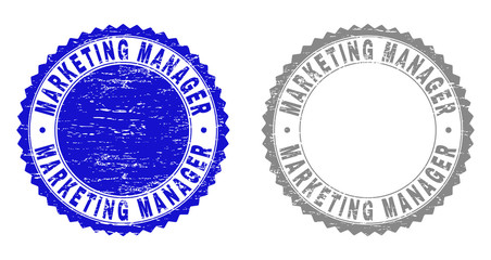 Grunge MARKETING MANAGER stamp seals isolated on a white background. Rosette seals with distress texture in blue and gray colors.