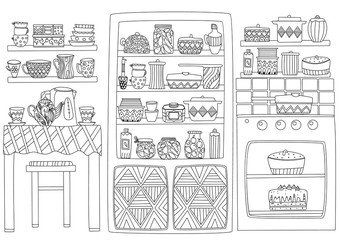 cozy kitchen interior with table, stove, cupboard and shelves of