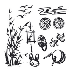 China traditional symbols, doodle set. vector illustration.