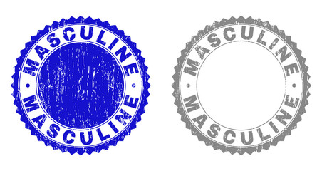 Grunge MASCULINE stamp seals isolated on a white background. Rosette seals with grunge texture in blue and grey colors. Vector rubber stamp imprint of MASCULINE tag inside round rosette.