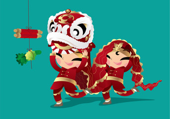 Two kids playing Chinese Lion dancing