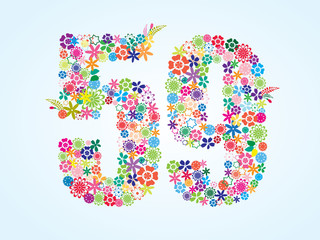 Vector Colorful Floral 59 Number Design isolated on white background. Floral Number Fifty Nine Vector Typeface.