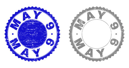 Grunge MAY 9 stamp seals isolated on a white background. Rosette seals with grunge texture in blue and gray colors. Vector rubber stamp imitation of MAY 9 title inside round rosette.