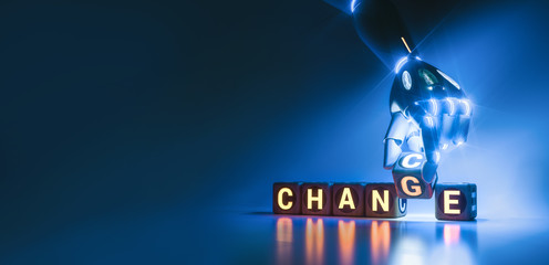 cyborg robot hand changes text cube from change to chance - ai concept - 3d rendering