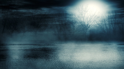 Background scene of empty street. Night view of the river, night sky with clouds, silhouettes of trees, light reflected on water. Smoke fog