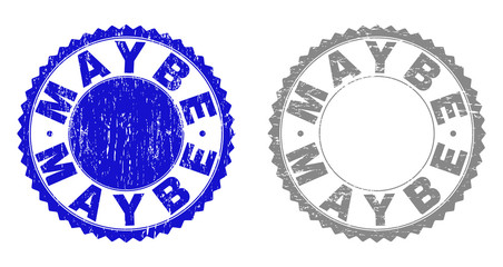 Grunge MAYBE stamp seals isolated on a white background. Rosette seals with grunge texture in blue and gray colors. Vector rubber watermark of MAYBE title inside round rosette.
