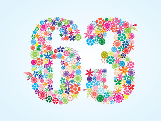 Vector Colorful Floral 63 Number Design isolated on white background. Floral Number Sixty Three Vector Typeface.