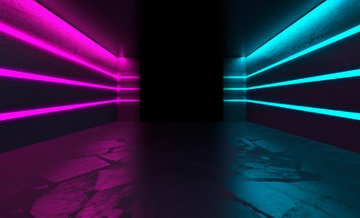 The background of an empty room with concrete walls and floor tiles. Pink and blue neon light, smoke. Spotlight