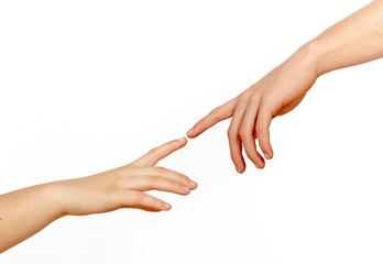 Two hands on a light background, a replica of the plot of Michelangelo's The Creation of Adam