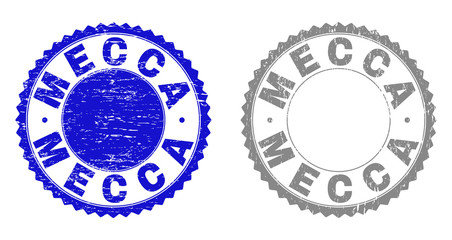 Grunge MECCA stamp seals isolated on a white background. Rosette seals with grunge texture in blue and gray colors. Vector rubber stamp imitation of MECCA label inside round rosette.