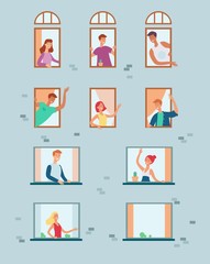 Vector flat neighbors looking out the windows