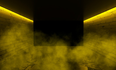 Background of empty room with brick walls, concrete floor, tiles. Yellow neon light smoke