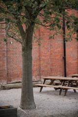 A beautiful dark brown rustic weathered wooden hand made pub table and bench, surrounded by trees and a red brick wall.