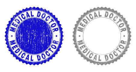 Grunge MEDICAL DOCTOR stamp seals isolated on a white background. Rosette seals with distress texture in blue and grey colors.