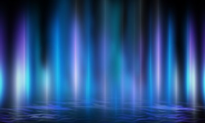 Product showcase spotlight background. Clean photographer studio. Abstract blue background with rays of neon light, spotlight, reflection on water.