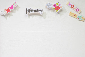 February Valentine Background. Flat Lay Composition with Copy Space on White Wooden Table. 