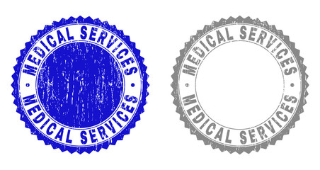 Grunge MEDICAL SERVICES stamp seals isolated on a white background. Rosette seals with grunge texture in blue and gray colors.