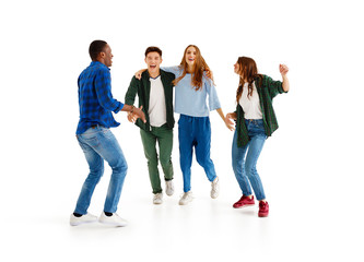 group of cheerful young people men and women isolated on white background.