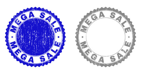 Grunge MEGA SALE stamp seals isolated on a white background. Rosette seals with grunge texture in blue and grey colors. Vector rubber stamp imprint of MEGA SALE text inside round rosette.