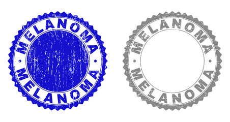 Grunge MELANOMA stamp seals isolated on a white background. Rosette seals with grunge texture in blue and gray colors. Vector rubber overlay of MELANOMA title inside round rosette.